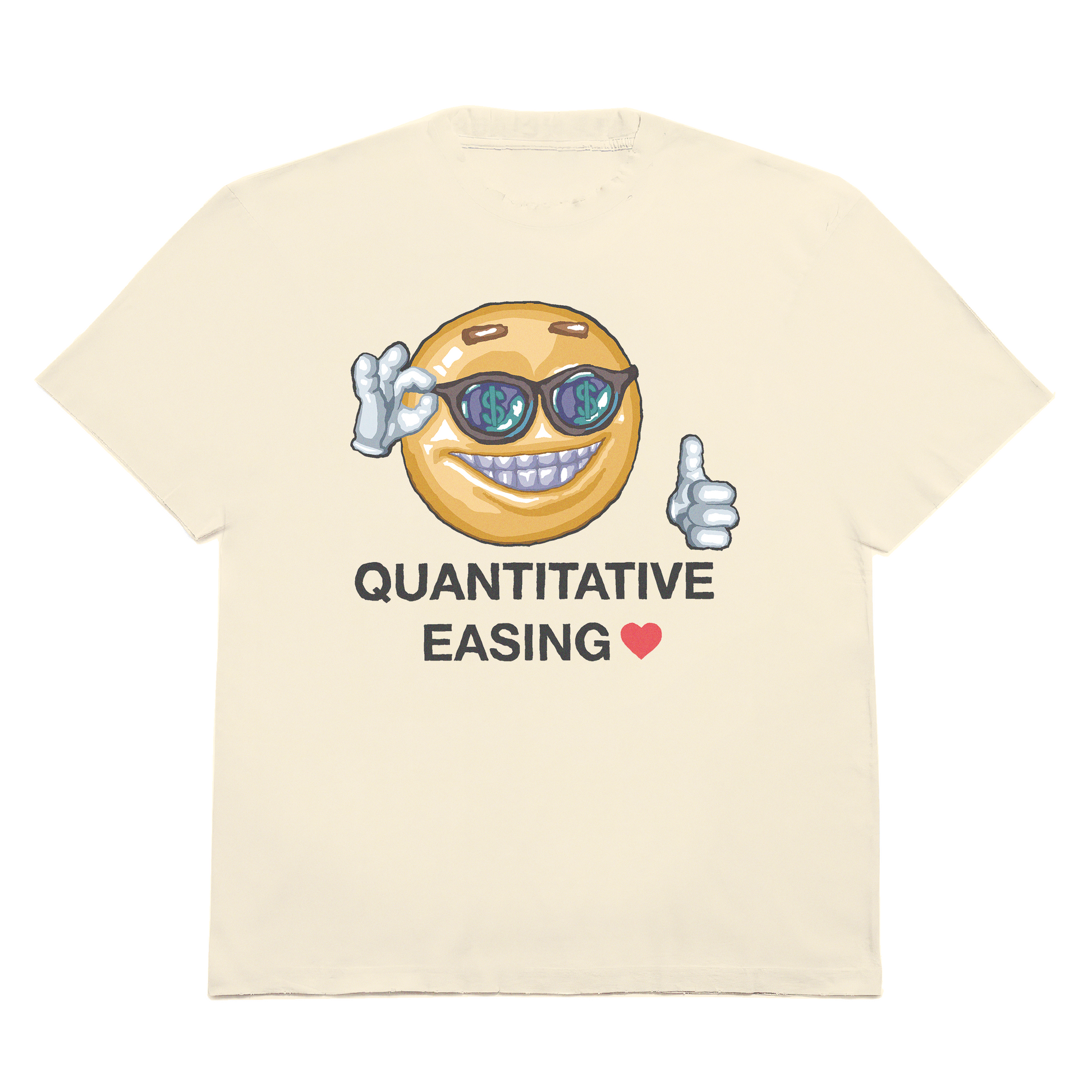 Funny Quantitative Easing t-shirt featuring happy emoji man and economic humor design.