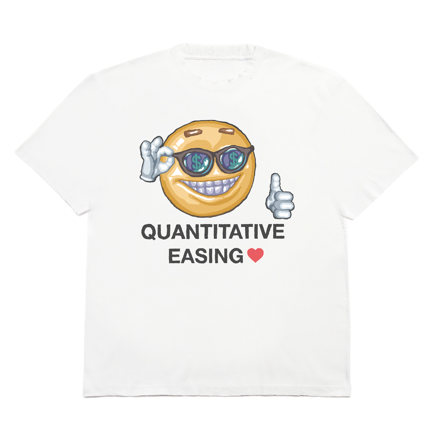 Funny Quantitative Easing t-shirt featuring happy emoji man and economic humor design.